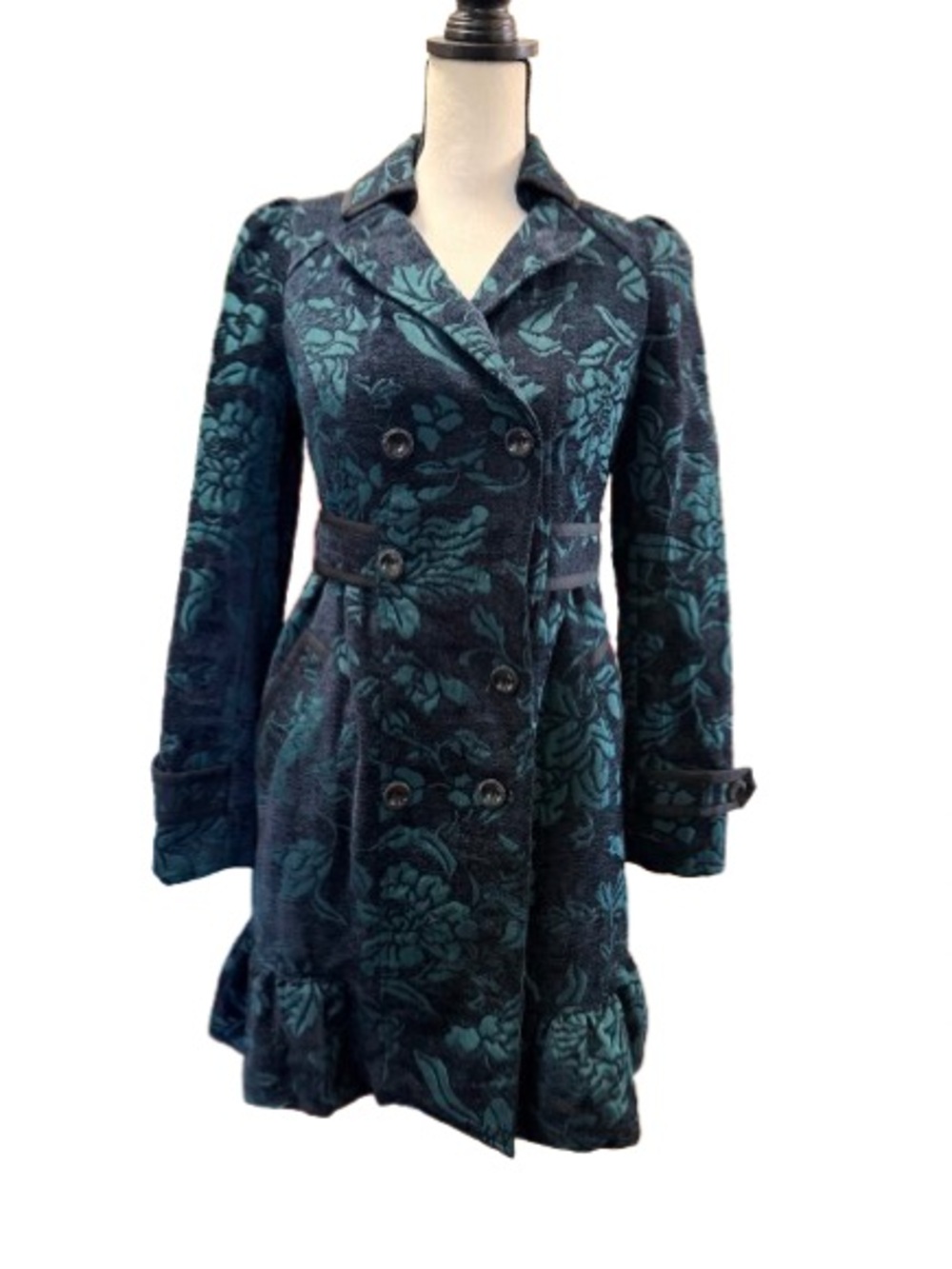 Elevenses Anthropologie Floral Jacquard Ruffle Hem Peacoat Jacket Size 4 - Picture 4 of 7